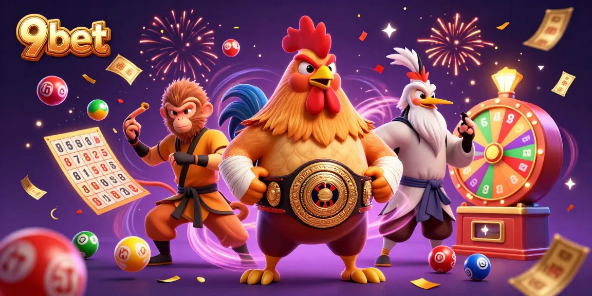 Engage with 9bet through vibrant casino themes including lottery balls, bingo cards, and festive characters.
