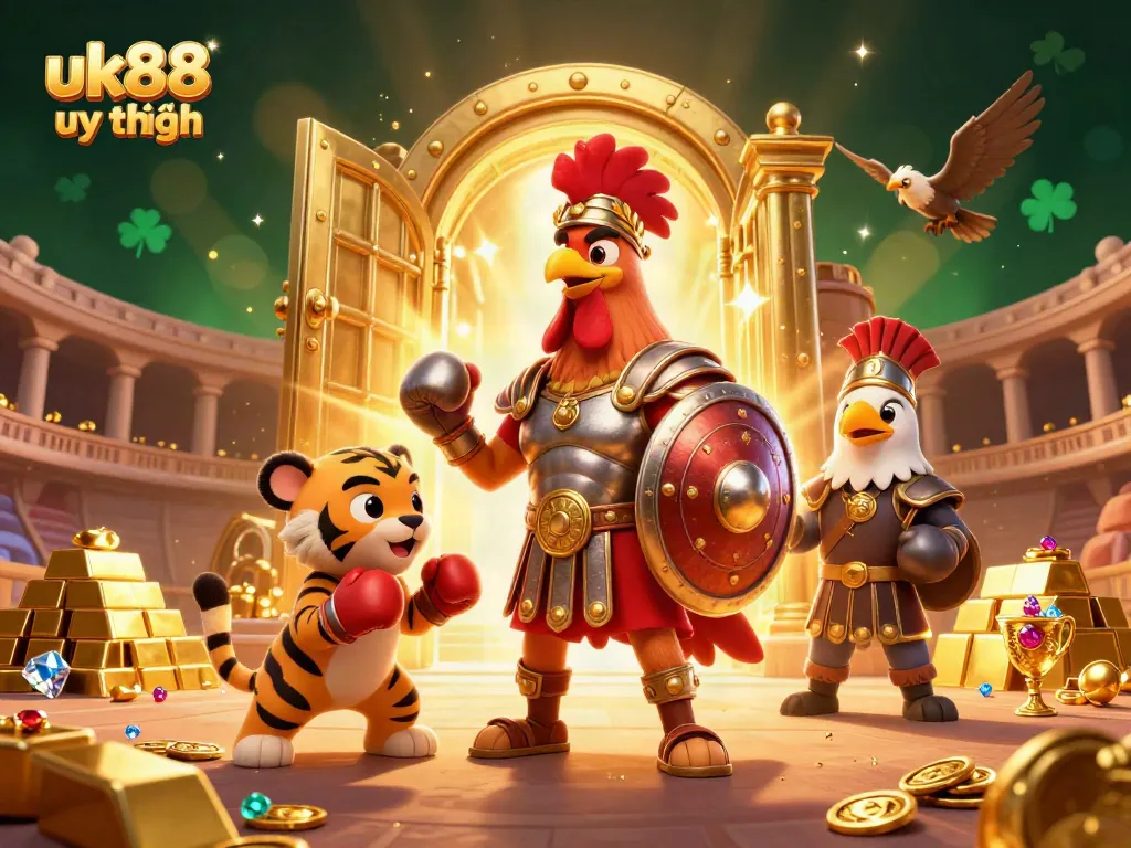 Experience the excitement of uk88 uy tín in this vibrant casino illustration featuring a gladiator rooster and treasures.