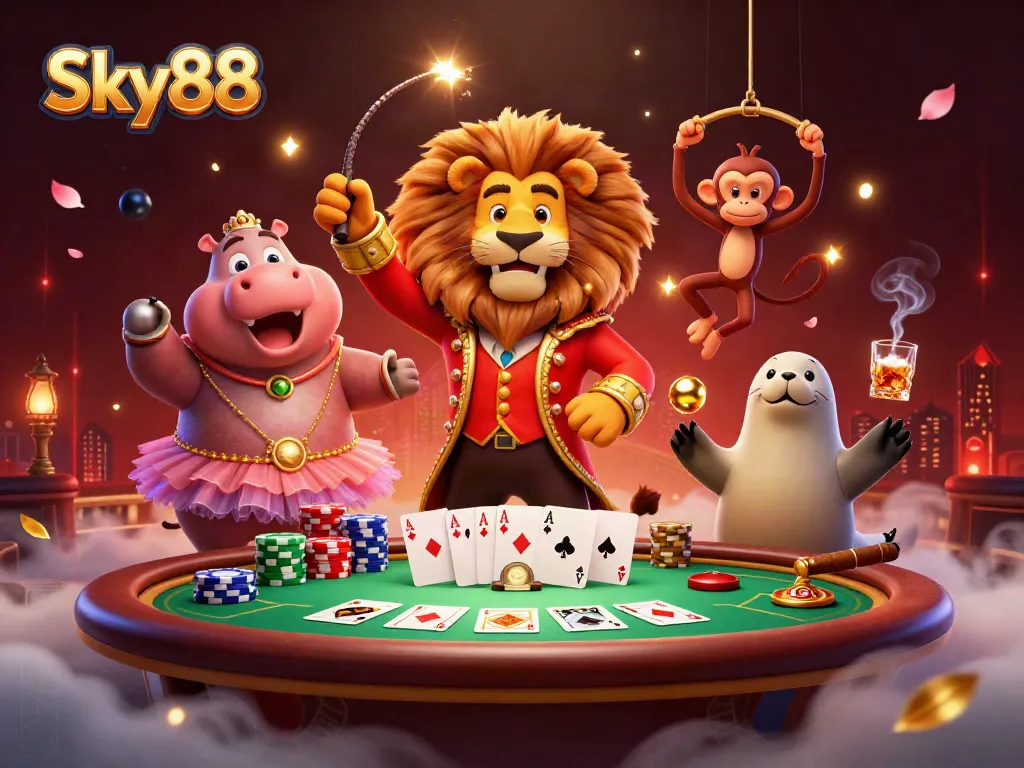 Sky88 features a vibrant circus scene with gambling elements showcasing high-energy casino action.