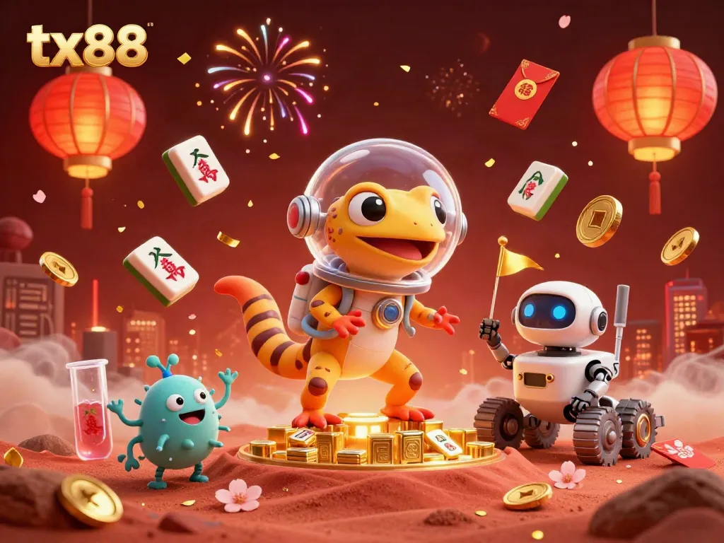 Experience the thrill of tx88 with a Martian gecko discovering a hidden casino amidst vibrant game elements.