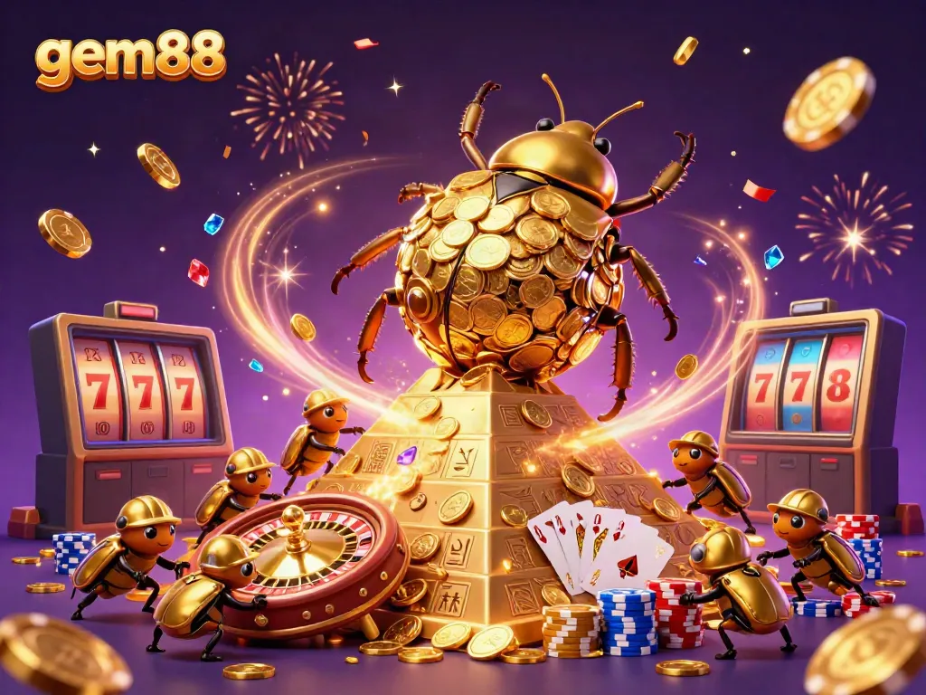 Experience the excitement of gem88 with golden beetles and casino symbols in a vibrant 3D scene.