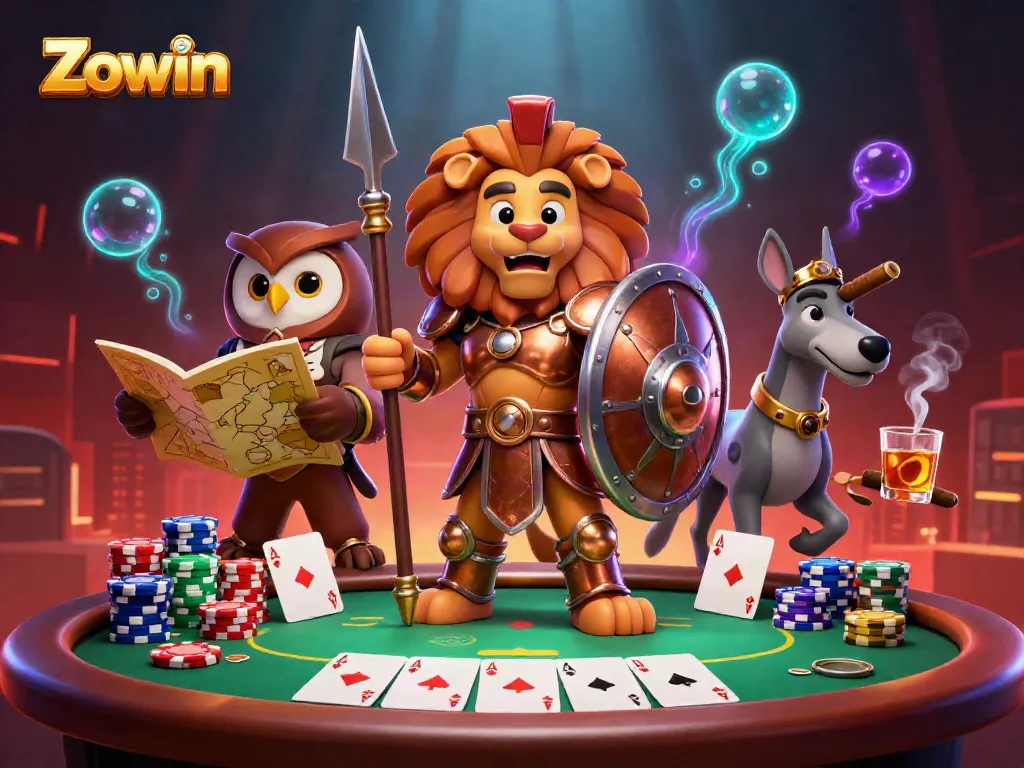 Engage in thrilling gameplay at Zowin with a vibrant casino scene featuring poker elements and dynamic characters.