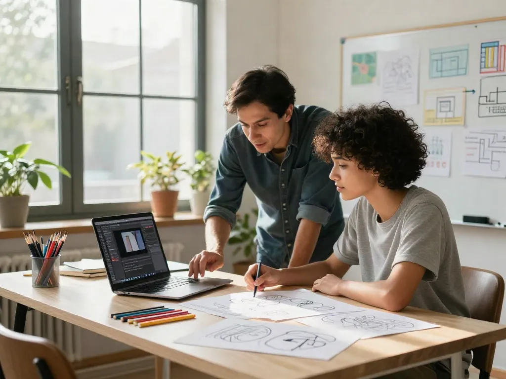 Engaging scene of a mentor guiding a designer in a creative workspace, focusing on rokok88 slot login concepts.