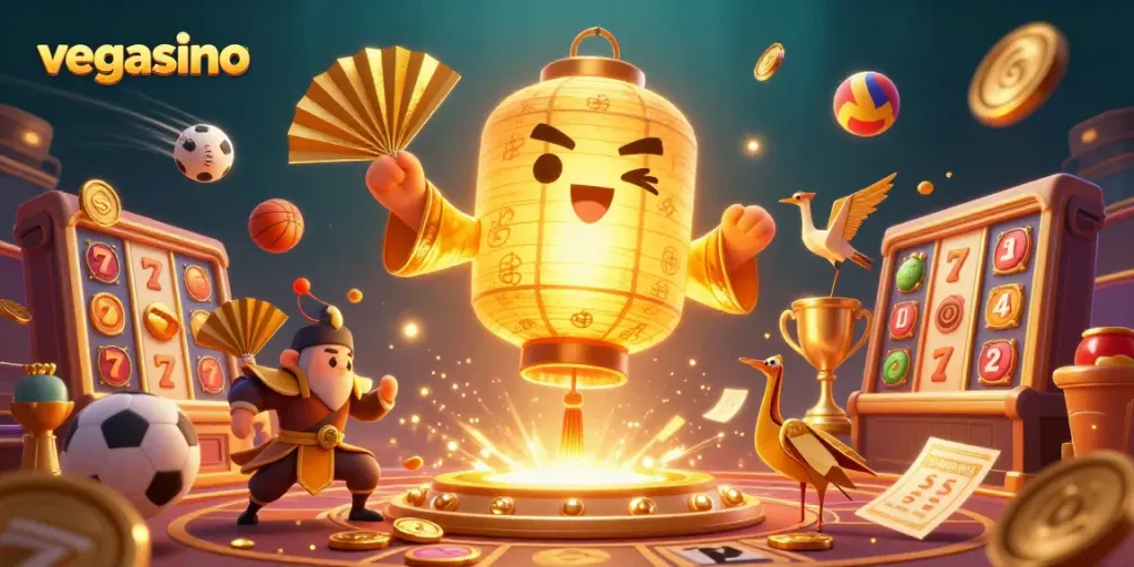 Experience winning action at vegasino with a vibrant casino scene featuring golden lantern spirit and dynamic characters.